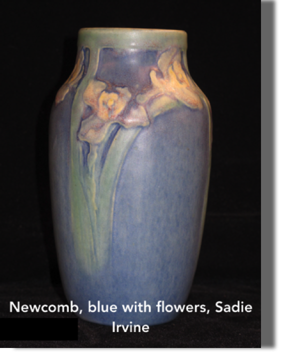 #182, LP92, signed Sadie Irvine 6" high, 2" opening, 3.50" wide, JM (Joseph Meyer, potter, active 1908-1929